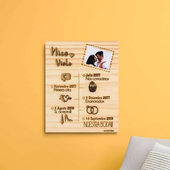 Cuadro de madera grabado con nombres y las fechas de la historia