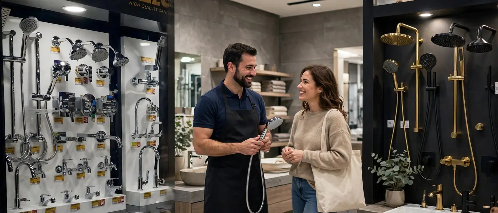Un vendedor le muestra una ducha a una clienta en una tienda de griferías y accesorios de baño.