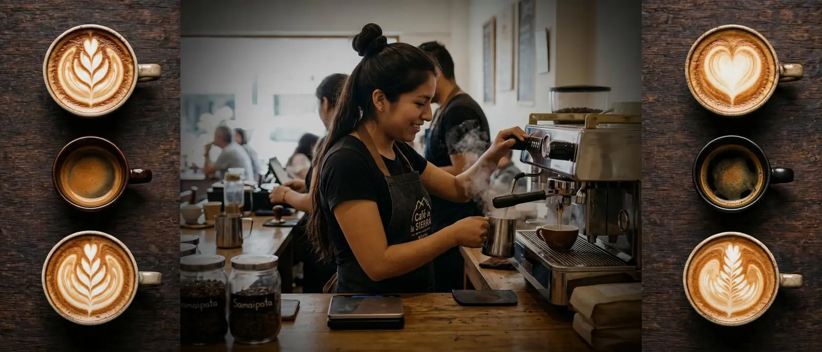 Una barista sonríe mientras prepara un café en la máquina de espresso de su cafetería.