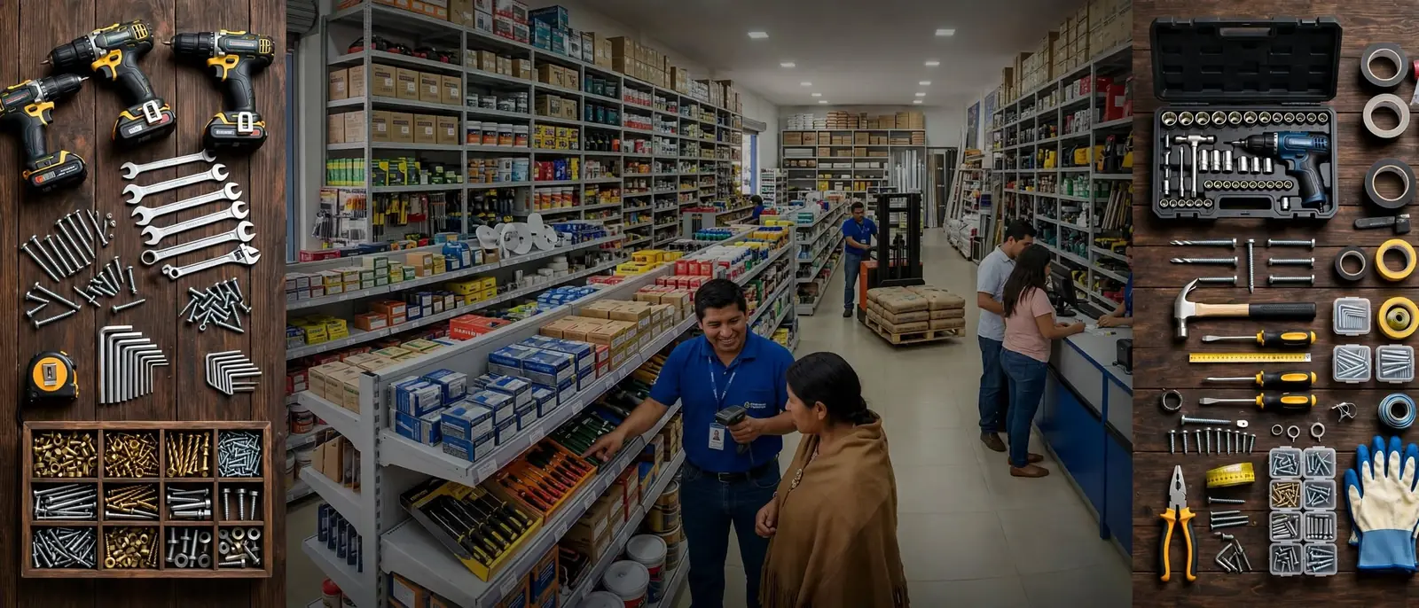 Un vendedor de ferretería atiende a una clienta entre estantes llenos de productos.