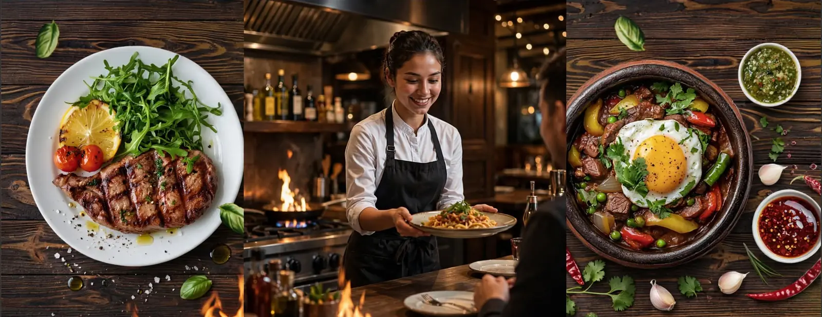 Una moza sonriente sirve un plato en su restaurante, con platos de comida a un costado.